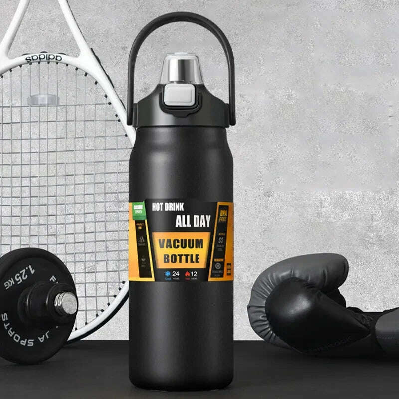 KIMLUD, Portable Thermos with Straw Outdoor Sport 304 Stainless Steel Thermal Mug Tumbler Travel Outdoor Vacuum Flasks Hot Water Bottle, Black / 1500ml, KIMLUD APPAREL - Womens Clothes