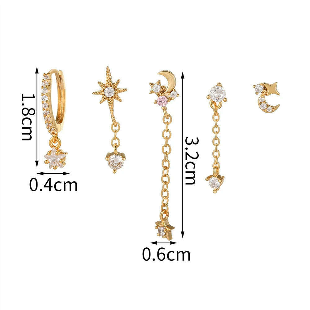 2PCS New Stainless Steel Cubic Zirconia Chain Hoop Earrings For Women Star Moon Unique Punk Earring Cartilage Piercing Jewelry - KIMLUD