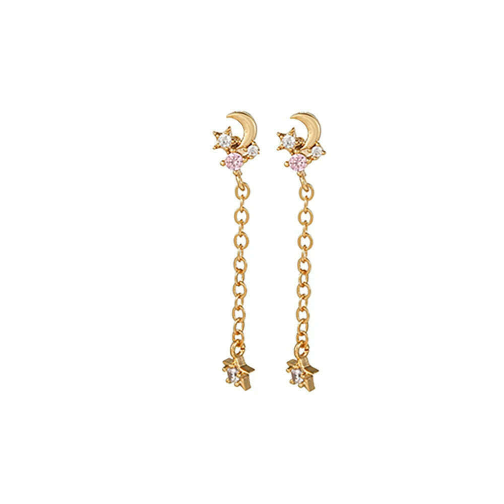 2PCS New Stainless Steel Cubic Zirconia Chain Hoop Earrings For Women Star Moon Unique Punk Earring Cartilage Piercing Jewelry - KIMLUD