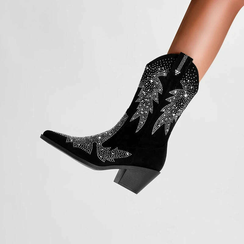 Kaky's New Water Diamond Maple Leaf Thick High Heel Pointed Large Women's Boots Short Boots - KIMLUD
