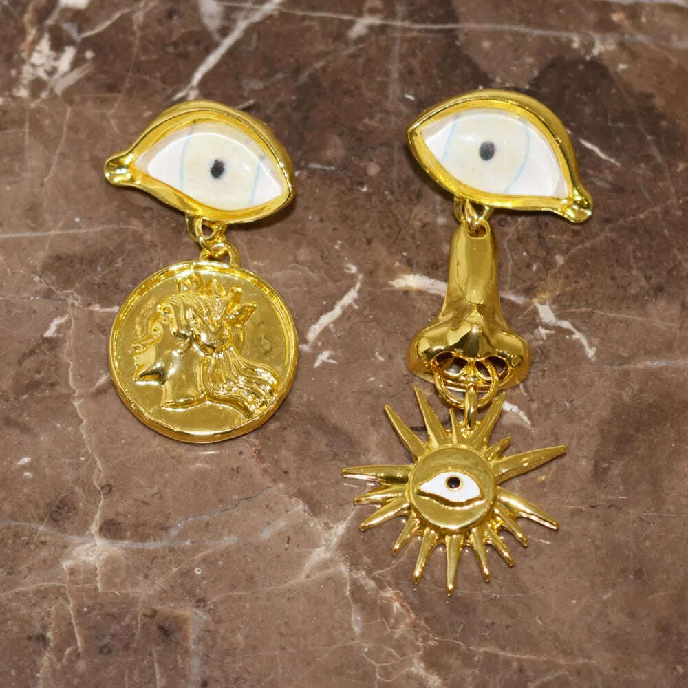 Vintage Ethnic Irregular Golden Eyes Charms Dangle Earrings For Women Fashion Jewelry Baroque Style Lady Ears' Accessories - KIMLUD
