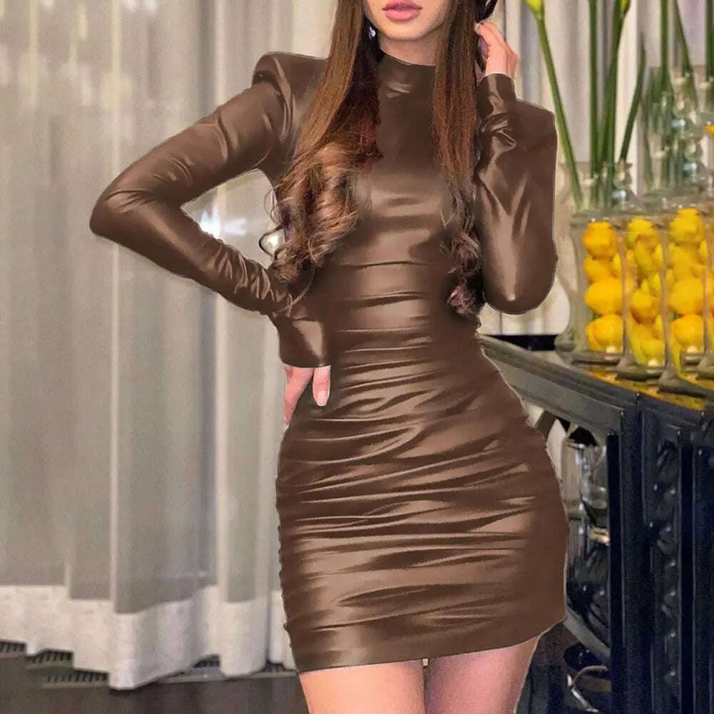 Pu Leather Mini Dress Ruched Turtleneck Long Sleeve Bodycon Bandage Sexy Streetwear Party Elegant Autumn Winter Club - KIMLUD