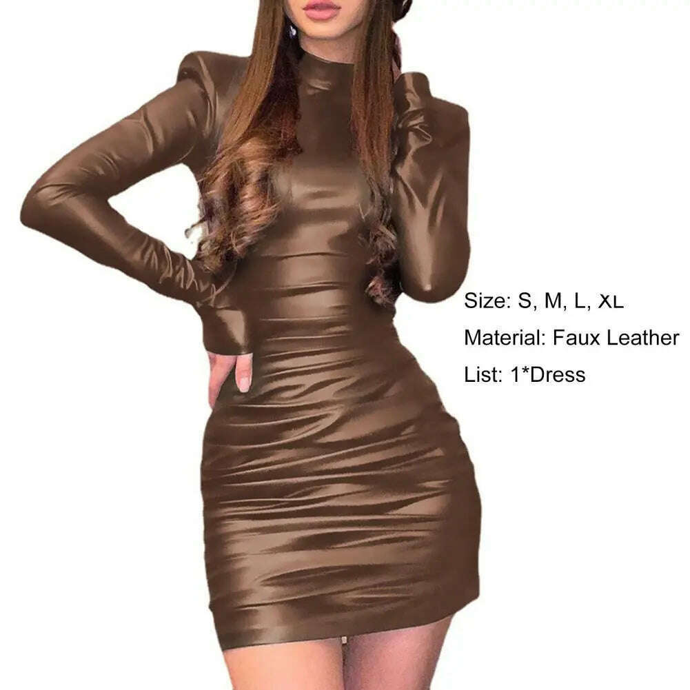 Pu Leather Mini Dress Ruched Turtleneck Long Sleeve Bodycon Bandage Sexy Streetwear Party Elegant Autumn Winter Club - KIMLUD