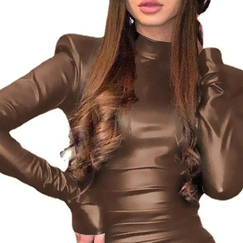 Pu Leather Mini Dress Ruched Turtleneck Long Sleeve Bodycon Bandage Sexy Streetwear Party Elegant Autumn Winter Club - KIMLUD