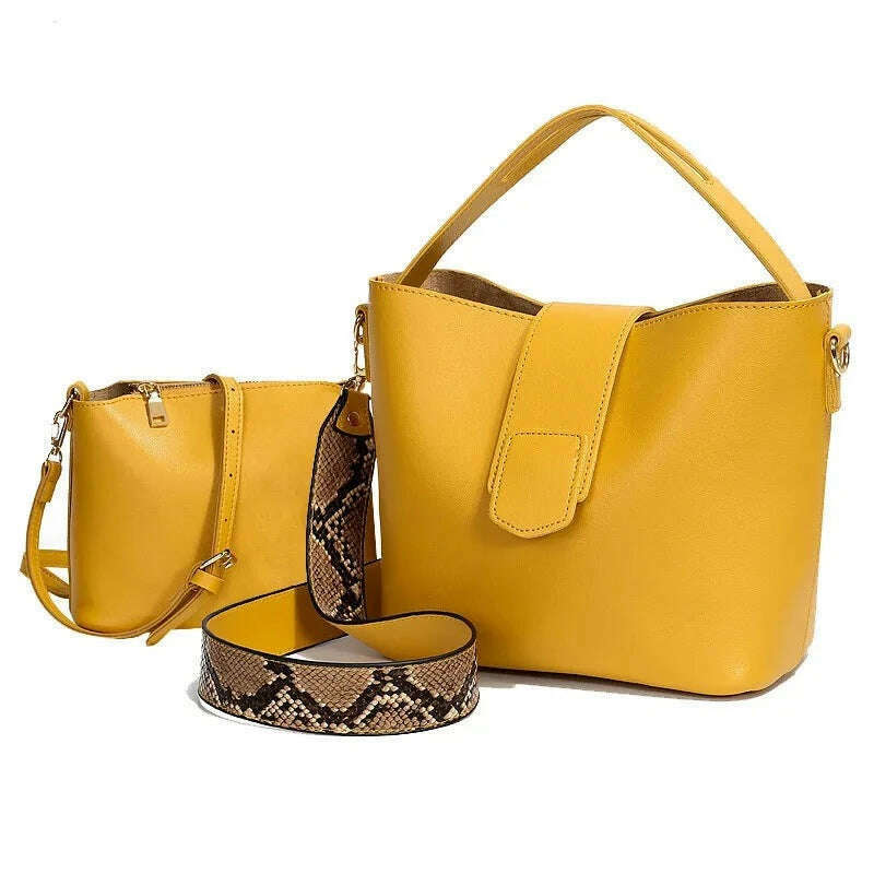 PU leather shoulder bags for woman messenger bags Serpentine wide strap Women bucket bag Composite Handbags bolsa feminina black - KIMLUD