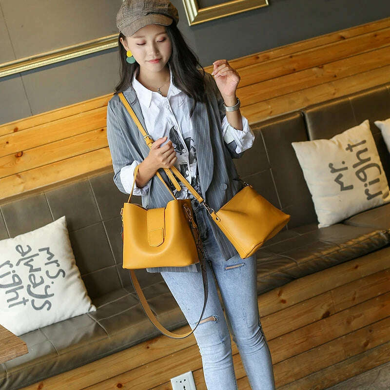 PU leather shoulder bags for woman messenger bags Serpentine wide strap Women bucket bag Composite Handbags bolsa feminina black - KIMLUD