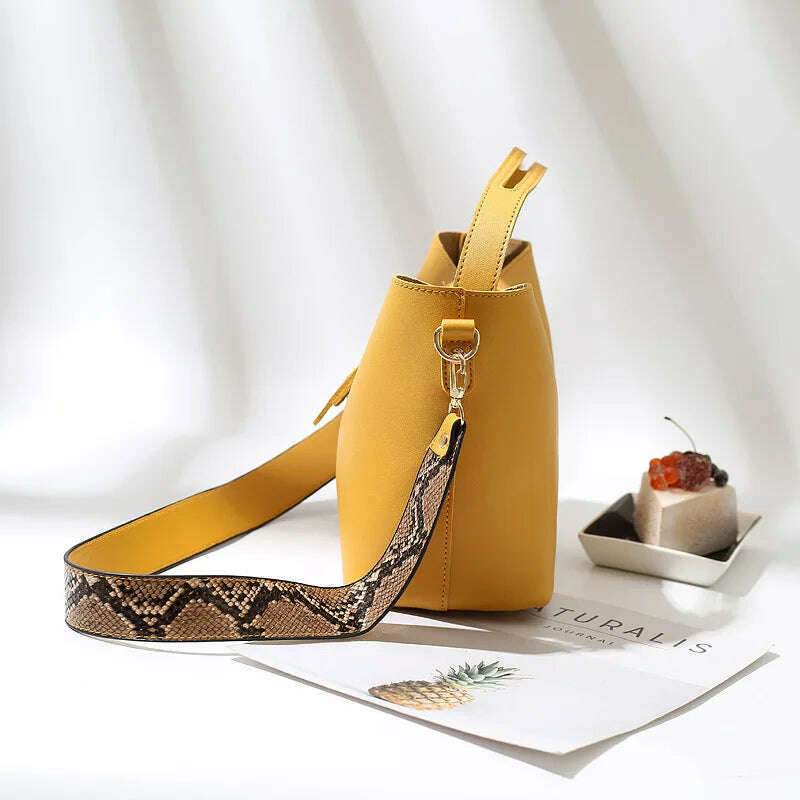 PU leather shoulder bags for woman messenger bags Serpentine wide strap Women bucket bag Composite Handbags bolsa feminina black - KIMLUD