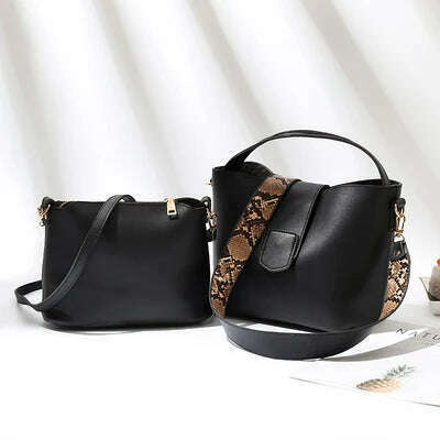PU leather shoulder bags for woman messenger bags Serpentine wide strap Women bucket bag Composite Handbags bolsa feminina black - KIMLUD