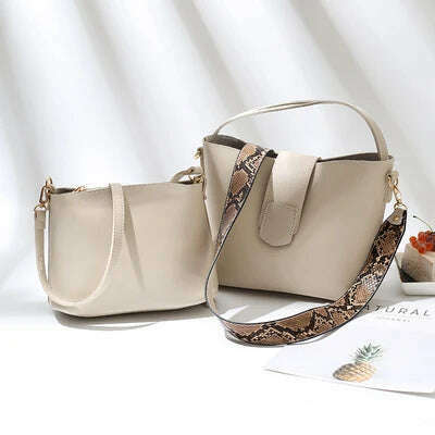 PU leather shoulder bags for woman messenger bags Serpentine wide strap Women bucket bag Composite Handbags bolsa feminina black - KIMLUD