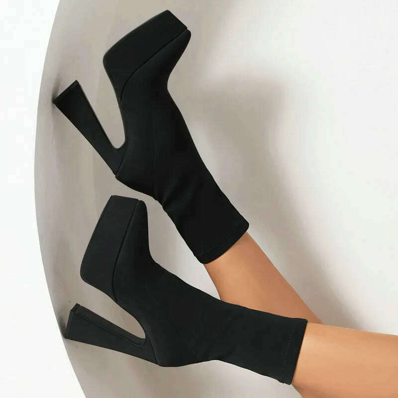 Purple Blue Rose Red Black Women Ankle Boots Platform Square High Heel Ladies Short Boots Elastic Fabric Pointed Toe Dress Shoes - KIMLUD
