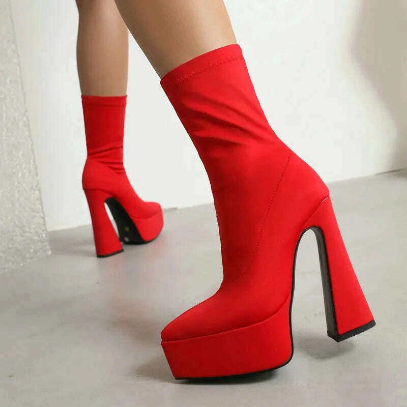 Purple Blue Rose Red Black Women Ankle Boots Platform Square High Heel Ladies Short Boots Elastic Fabric Pointed Toe Dress Shoes - KIMLUD