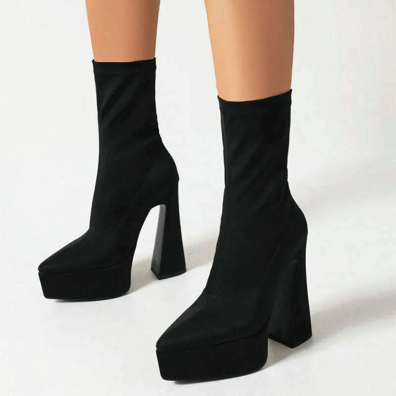 Purple Blue Rose Red Black Women Ankle Boots Platform Square High Heel Ladies Short Boots Elastic Fabric Pointed Toe Dress Shoes - KIMLUD