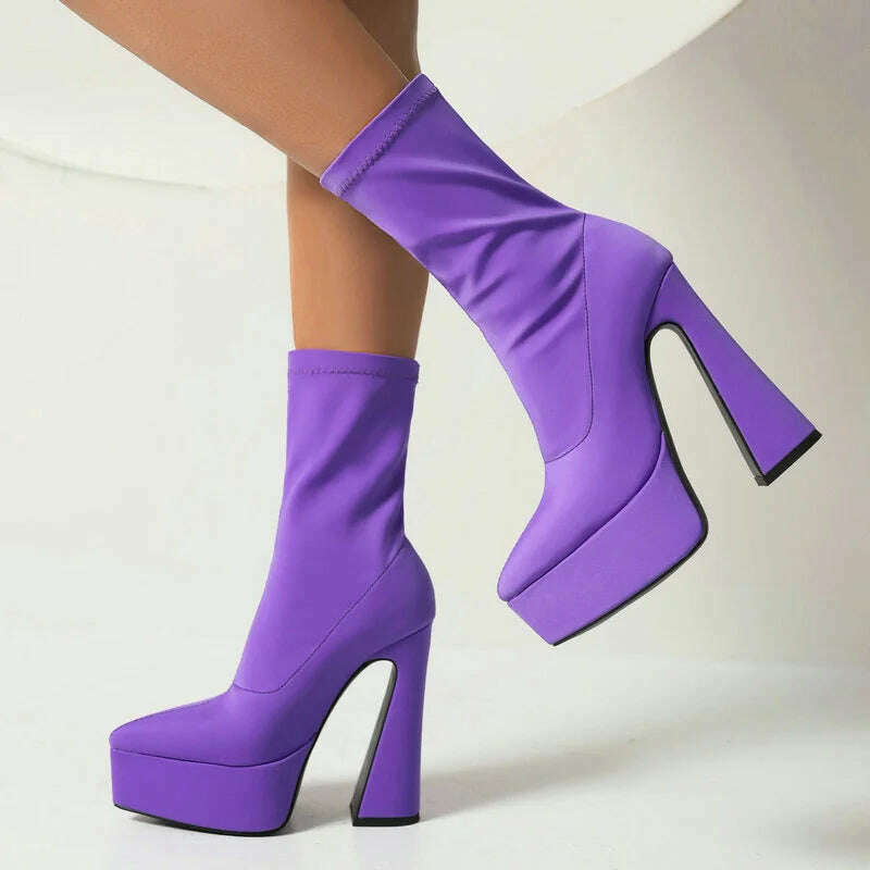 Purple Blue Rose Red Black Women Ankle Boots Platform Square High Heel Ladies Short Boots Elastic Fabric Pointed Toe Dress Shoes - KIMLUD