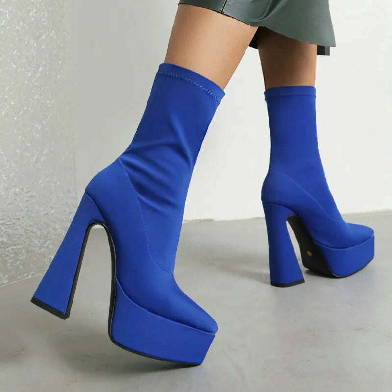 Purple Blue Rose Red Black Women Ankle Boots Platform Square High Heel Ladies Short Boots Elastic Fabric Pointed Toe Dress Shoes - KIMLUD