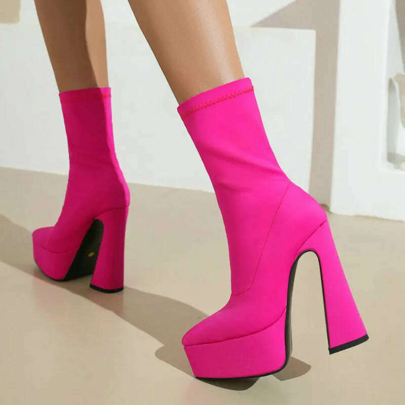 Purple Blue Rose Red Black Women Ankle Boots Platform Square High Heel Ladies Short Boots Elastic Fabric Pointed Toe Dress Shoes - KIMLUD