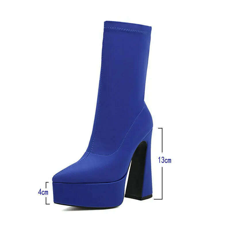 Purple Blue Rose Red Black Women Ankle Boots Platform Square High Heel Ladies Short Boots Elastic Fabric Pointed Toe Dress Shoes - KIMLUD