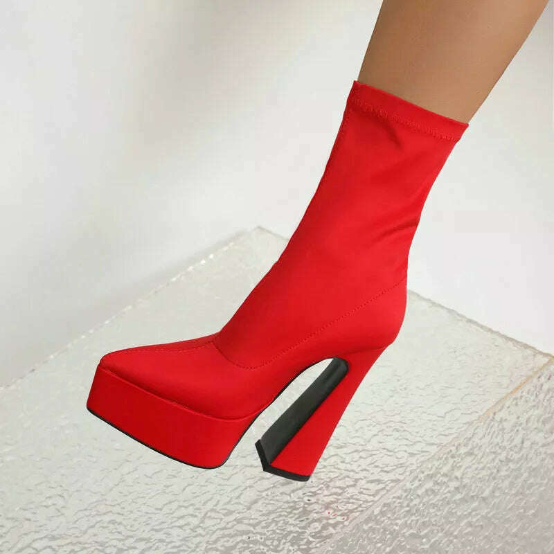 Purple Blue Rose Red Black Women Ankle Boots Platform Square High Heel Ladies Short Boots Elastic Fabric Pointed Toe Dress Shoes - KIMLUD