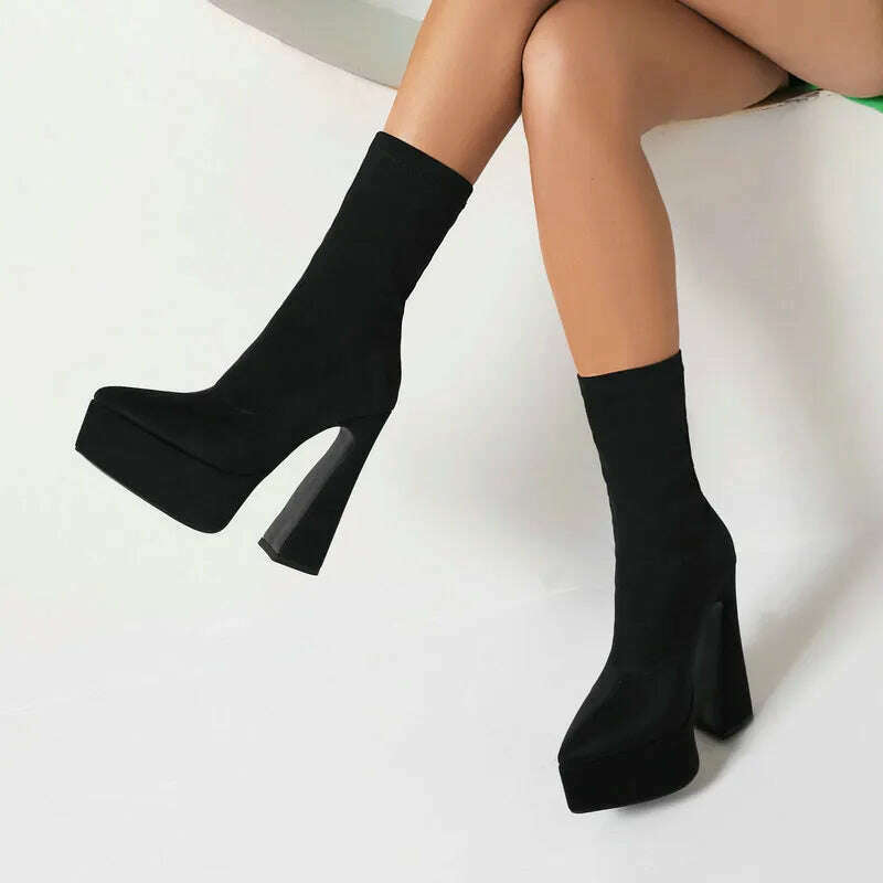 Purple Blue Rose Red Black Women Ankle Boots Platform Square High Heel Ladies Short Boots Elastic Fabric Pointed Toe Dress Shoes - KIMLUD