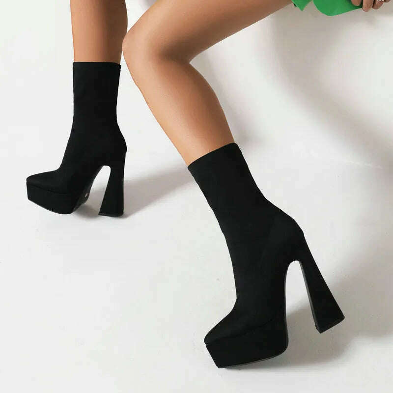 Purple Blue Rose Red Black Women Ankle Boots Platform Square High Heel Ladies Short Boots Elastic Fabric Pointed Toe Dress Shoes - KIMLUD