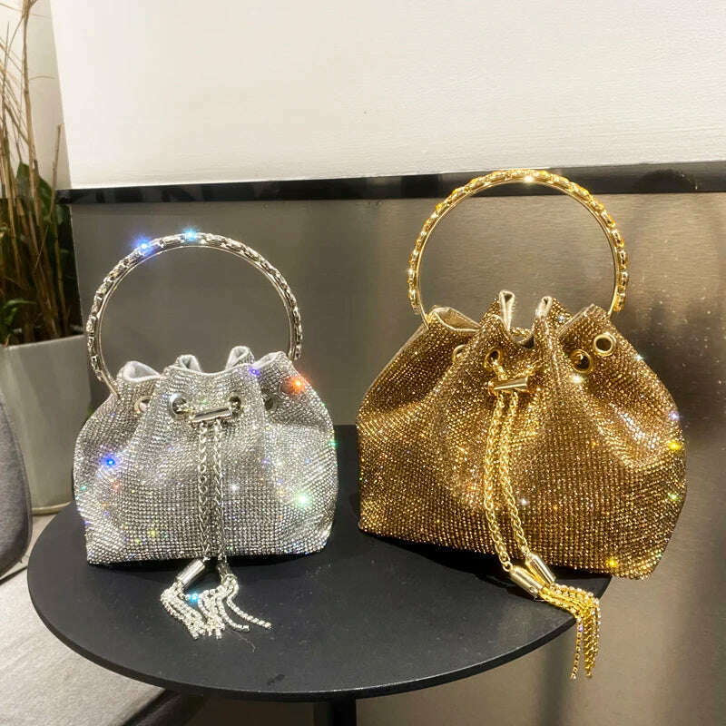 purses and handbags bags for women luxury Designer bucket clutch purse evening banquet bag Crystal rhinestone shoulder bag - KIMLUD