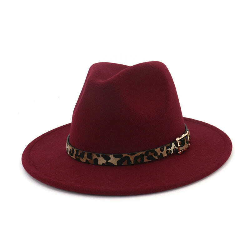 QBHAT Leopard Grain Leather Decor Handmade Wide Brim Wool Felt Fedora Hats Caps Men Women Jazz Panama Cap Trilby Sombrero - KIMLUD