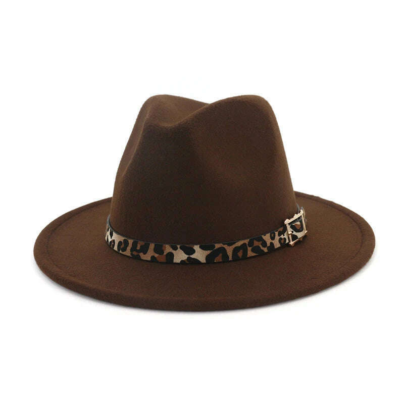 QBHAT Leopard Grain Leather Decor Handmade Wide Brim Wool Felt Fedora Hats Caps Men Women Jazz Panama Cap Trilby Sombrero - KIMLUD