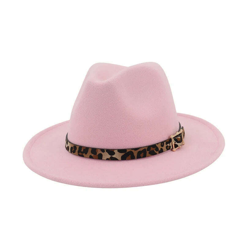 QBHAT Leopard Grain Leather Decor Handmade Wide Brim Wool Felt Fedora Hats Caps Men Women Jazz Panama Cap Trilby Sombrero - KIMLUD