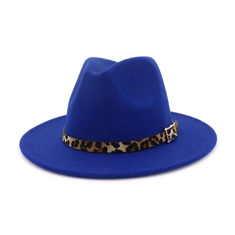 QBHAT Leopard Grain Leather Decor Handmade Wide Brim Wool Felt Fedora Hats Caps Men Women Jazz Panama Cap Trilby Sombrero - KIMLUD
