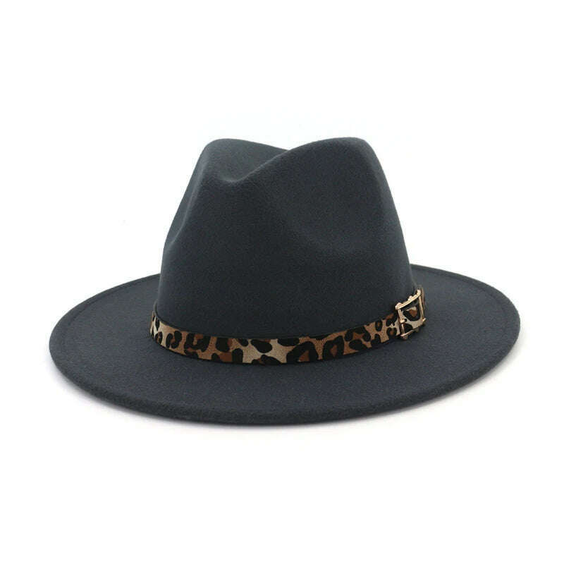 QBHAT Leopard Grain Leather Decor Handmade Wide Brim Wool Felt Fedora Hats Caps Men Women Jazz Panama Cap Trilby Sombrero - KIMLUD
