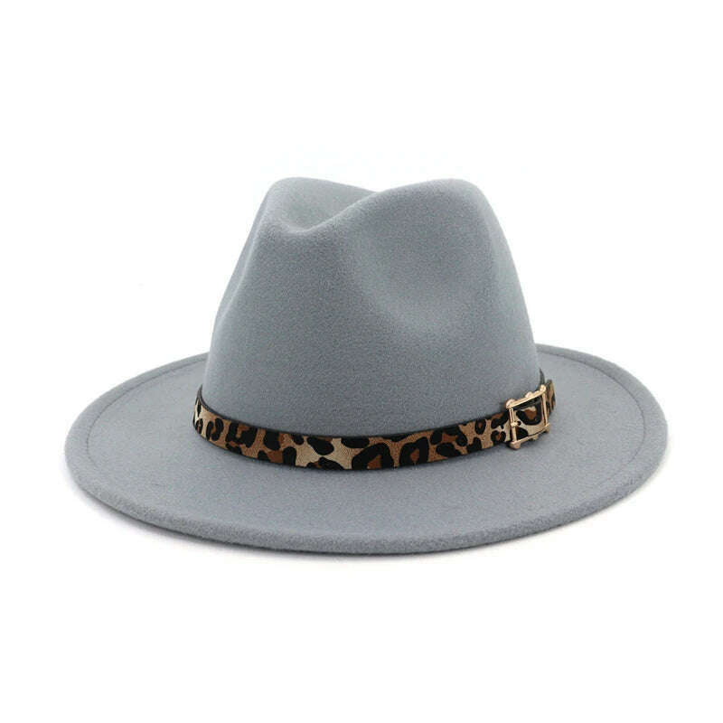 QBHAT Leopard Grain Leather Decor Handmade Wide Brim Wool Felt Fedora Hats Caps Men Women Jazz Panama Cap Trilby Sombrero - KIMLUD