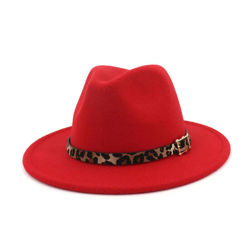 QBHAT Leopard Grain Leather Decor Handmade Wide Brim Wool Felt Fedora Hats Caps Men Women Jazz Panama Cap Trilby Sombrero - KIMLUD