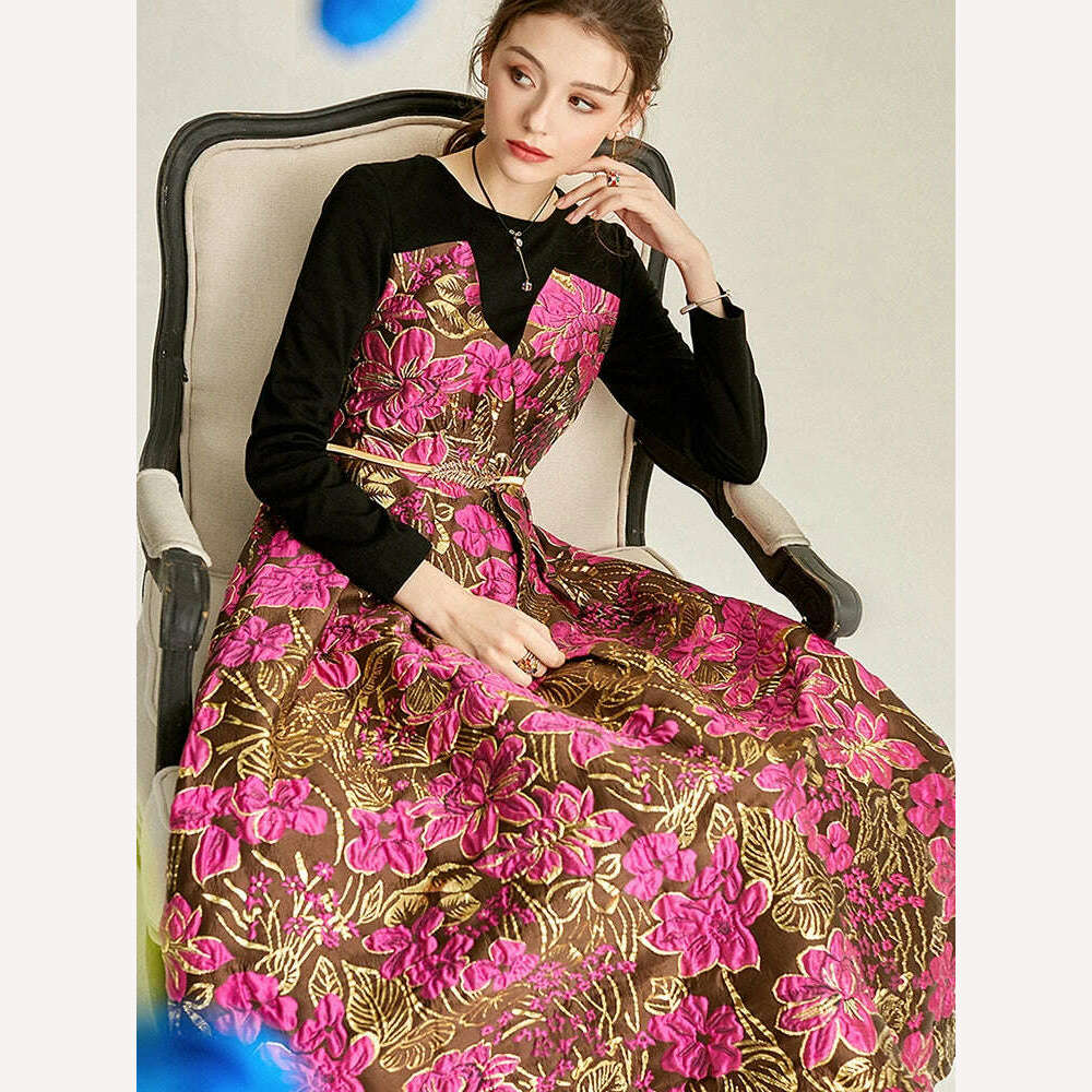 Quality Vintage Women Jacquard Dress New Elegant Clothing Evening Dresses Long Sleeve Spliced Spring Autumn Floral Ball Gown - KIMLUD