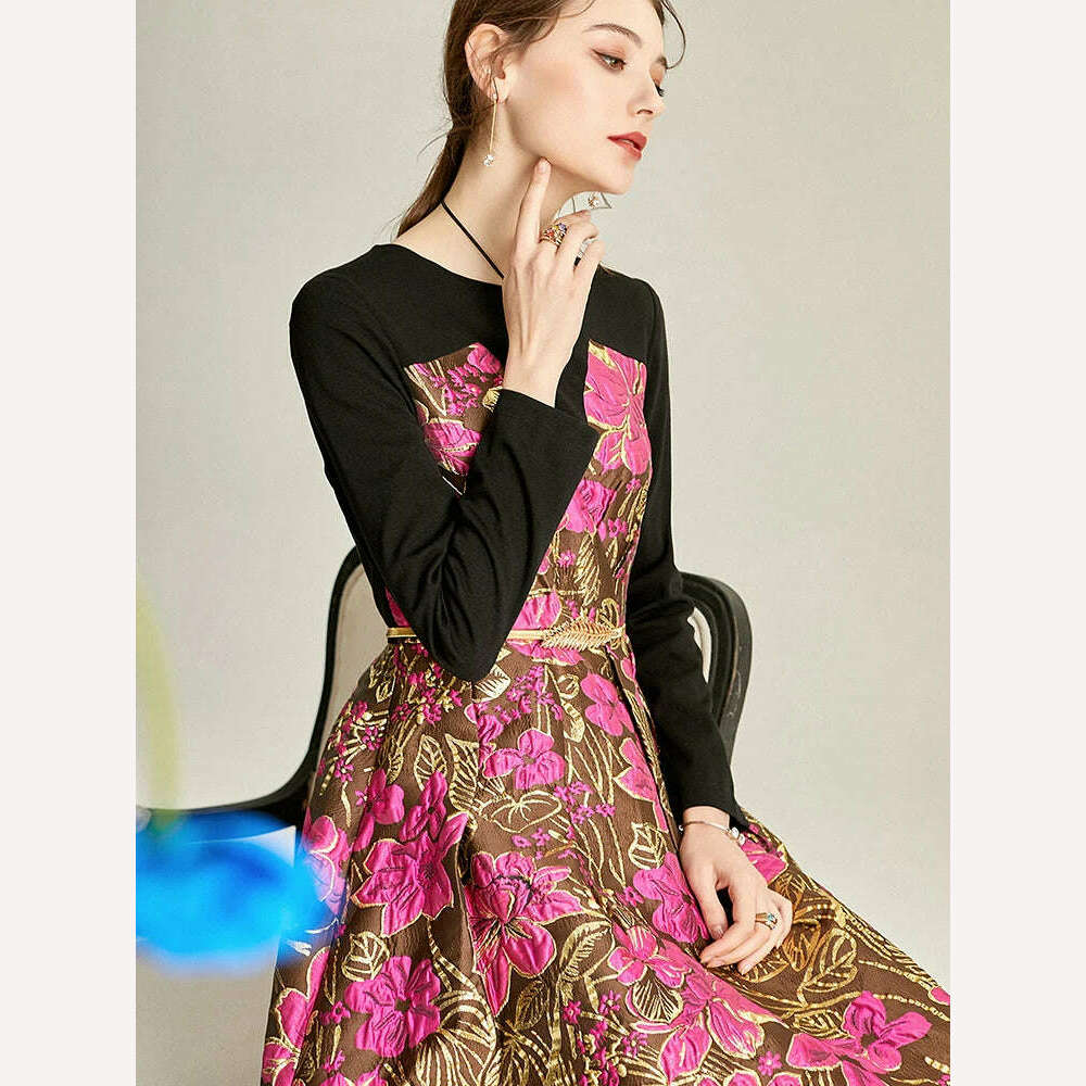 Quality Vintage Women Jacquard Dress New Elegant Clothing Evening Dresses Long Sleeve Spliced Spring Autumn Floral Ball Gown - KIMLUD