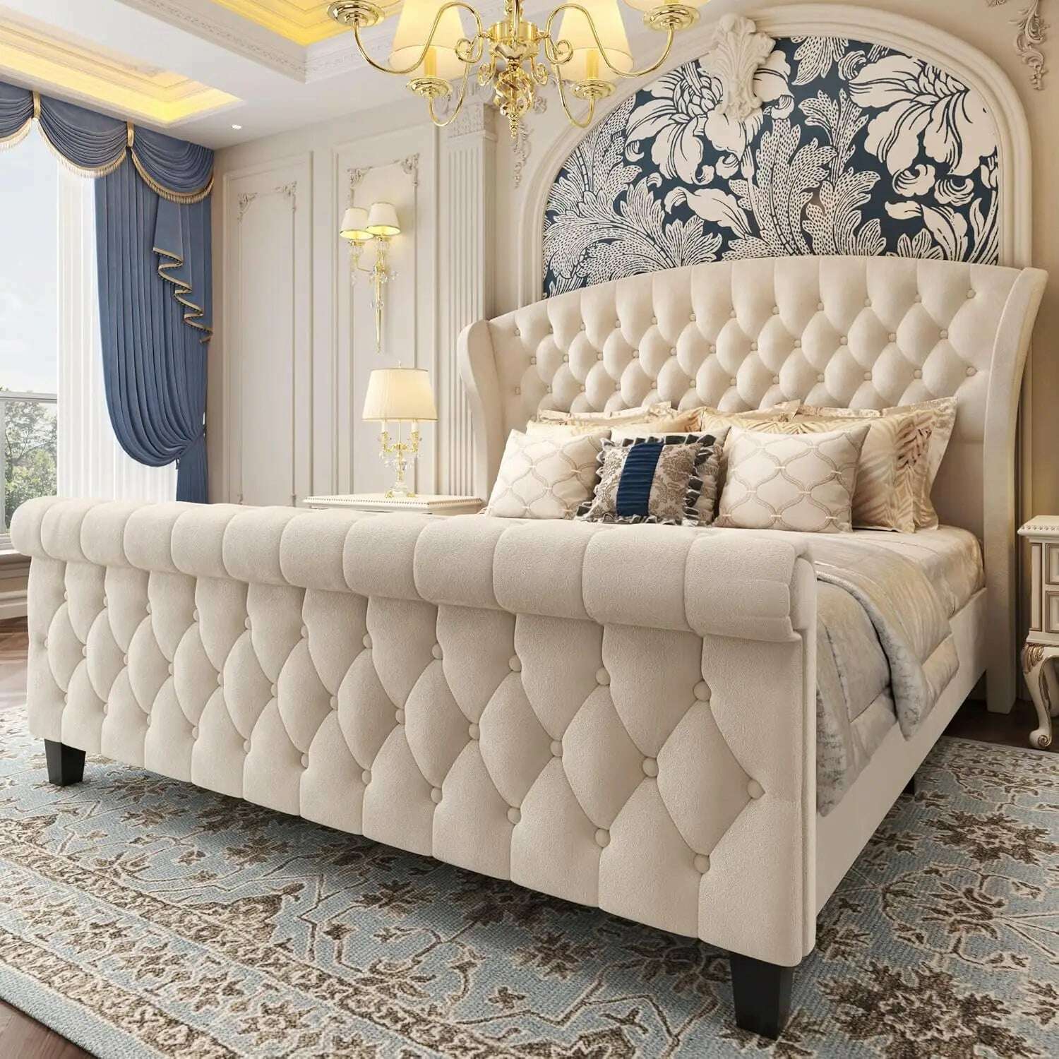 KIMLUD, Queen Platform Bed Frame,52.5"Tall Velvet Upholstered Sleigh Bed with Scroll Wingback Headboard & Footboard/No Box Spring Needed, United States, KIMLUD APPAREL - Womens Clothes