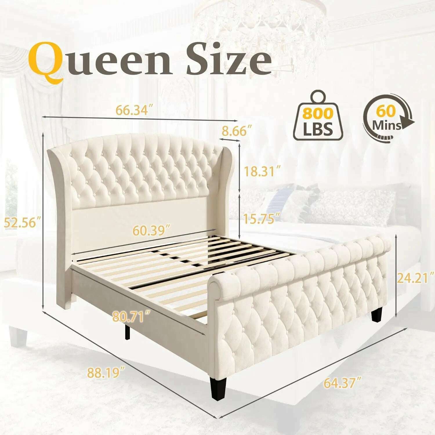 KIMLUD, Queen Platform Bed Frame,52.5"Tall Velvet Upholstered Sleigh Bed with Scroll Wingback Headboard & Footboard/No Box Spring Needed, KIMLUD Womens Clothes