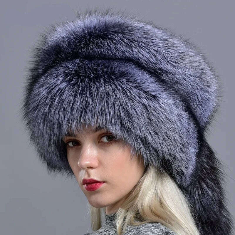 Raglaido real fox fur hats for women winter fashionable stylish Russian thick warm beanie hat natural fluffy fur hat with tail - KIMLUD