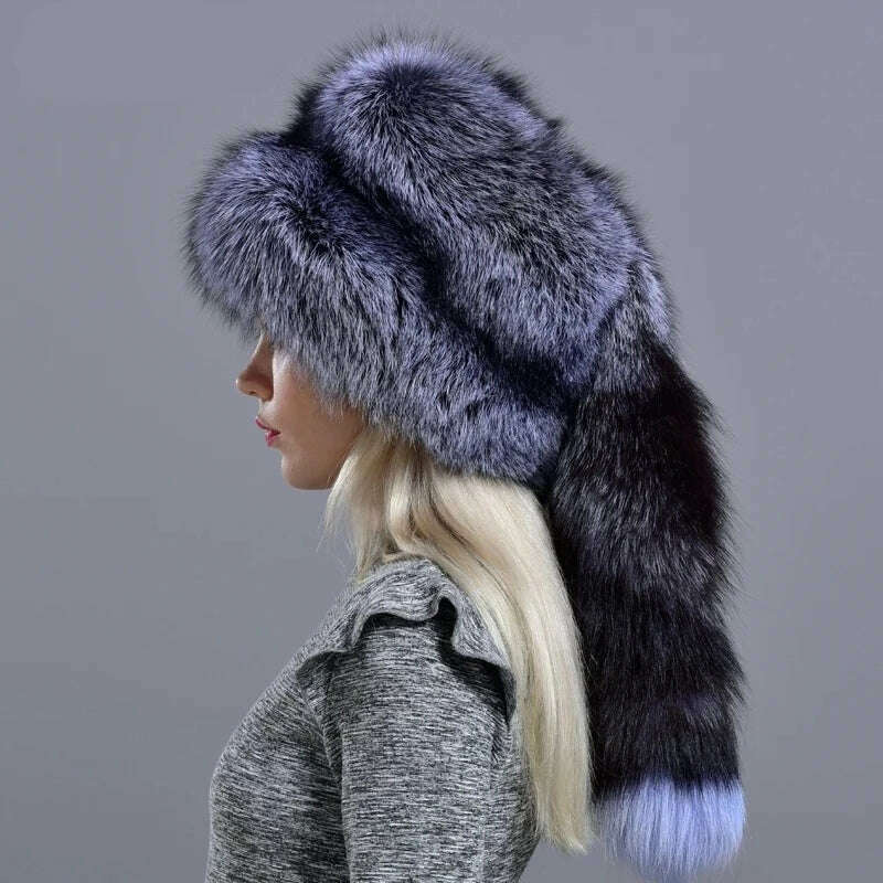 Raglaido real fox fur hats for women winter fashionable stylish Russian thick warm beanie hat natural fluffy fur hat with tail - KIMLUD