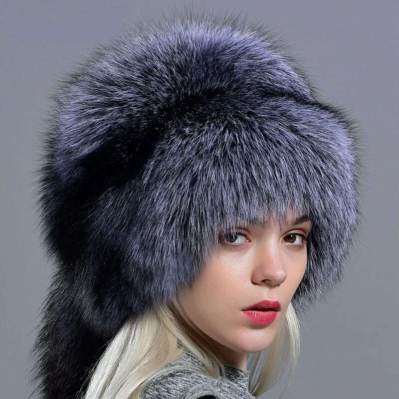 Raglaido real fox fur hats for women winter fashionable stylish Russian thick warm beanie hat natural fluffy fur hat with tail - KIMLUD