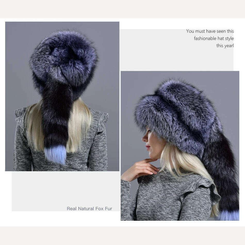 Raglaido real fox fur hats for women winter fashionable stylish Russian thick warm beanie hat natural fluffy fur hat with tail - KIMLUD