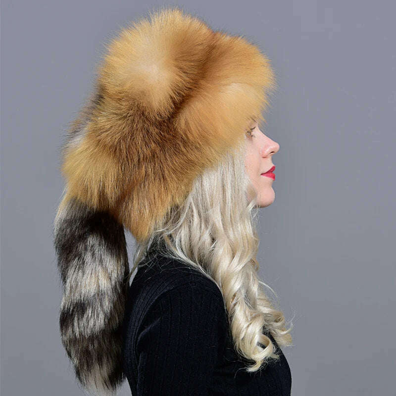 Raglaido real fox fur hats for women winter fashionable stylish Russian thick warm beanie hat natural fluffy fur hat with tail - KIMLUD