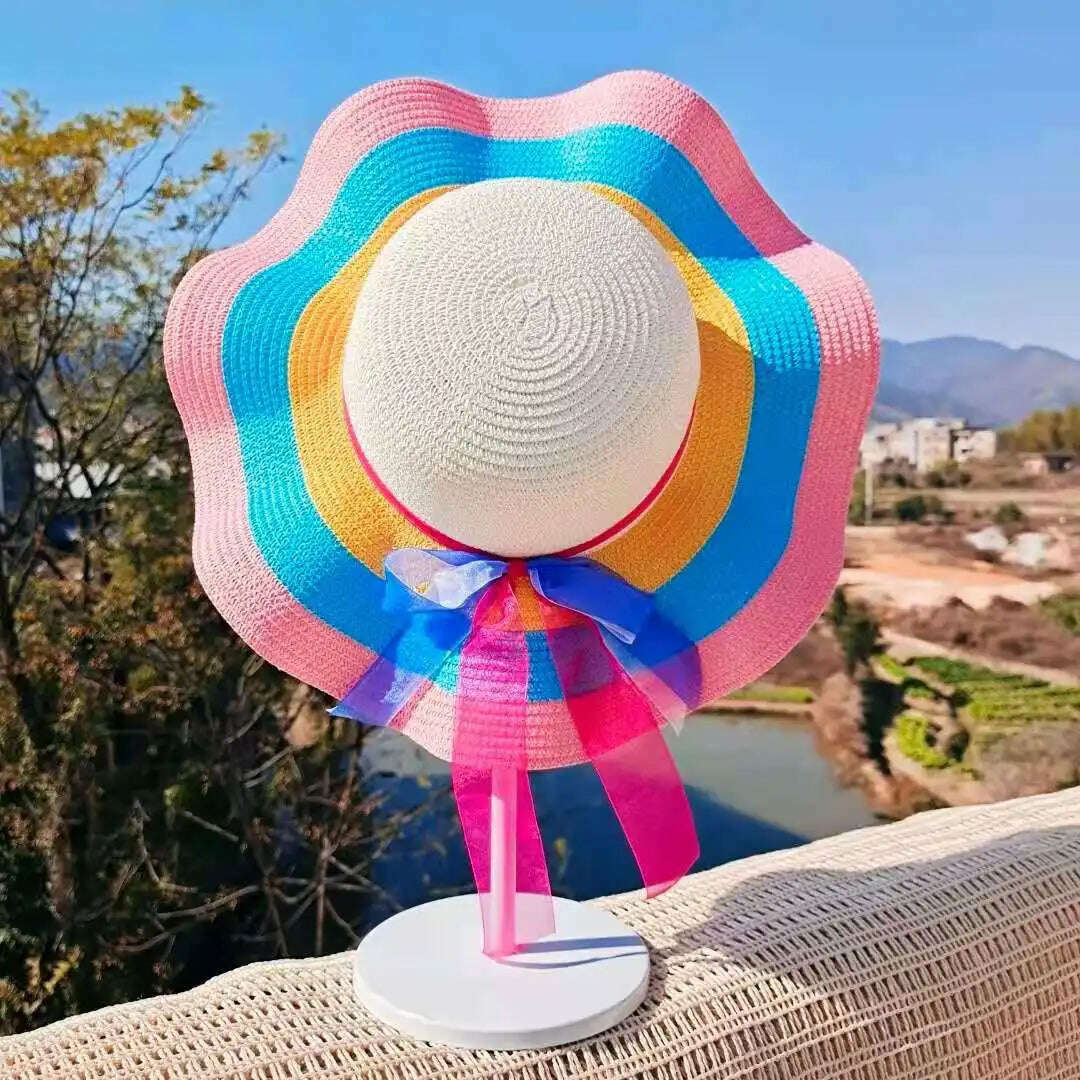 Rainbow Hat Women's Colorful Big Eave Straw Hat Summer Sunscreen Sunshade Hat Tourism Sun Hat Beach Hat Wholesale - KIMLUD