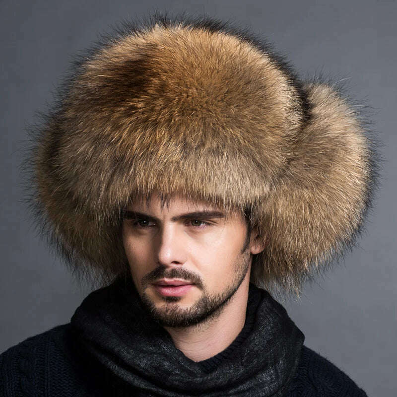 Real fur 100% Fox Skin Russian Businessmen Pilot Bombers Full Mao Men's hat Ushanka Winter Ear Guard Hat Raccoon Fur Beanie hat - KIMLUD