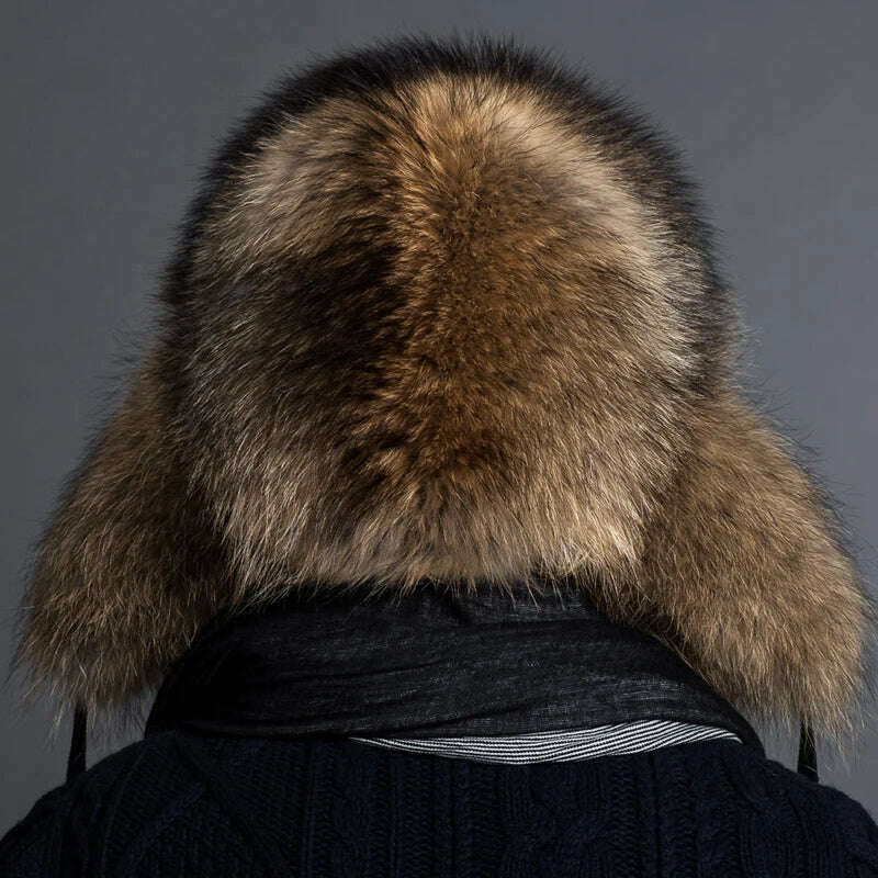 Real fur 100% Fox Skin Russian Businessmen Pilot Bombers Full Mao Men's hat Ushanka Winter Ear Guard Hat Raccoon Fur Beanie hat - KIMLUD