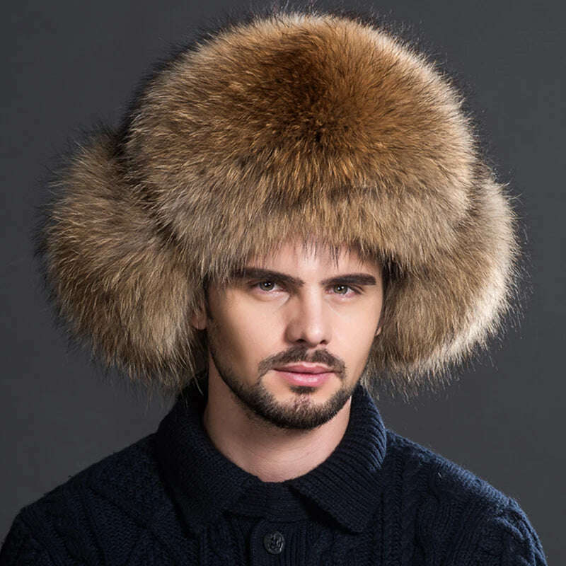 Real fur 100% Fox Skin Russian Businessmen Pilot Bombers Full Mao Men's hat Ushanka Winter Ear Guard Hat Raccoon Fur Beanie hat - KIMLUD