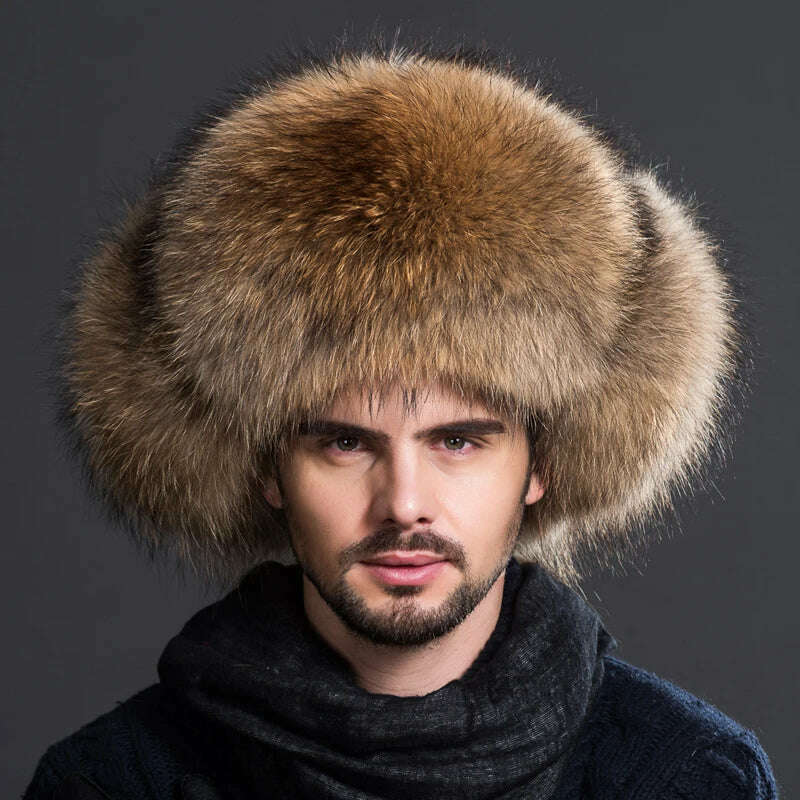 Real fur 100% Fox Skin Russian Businessmen Pilot Bombers Full Mao Men's hat Ushanka Winter Ear Guard Hat Raccoon Fur Beanie hat - KIMLUD