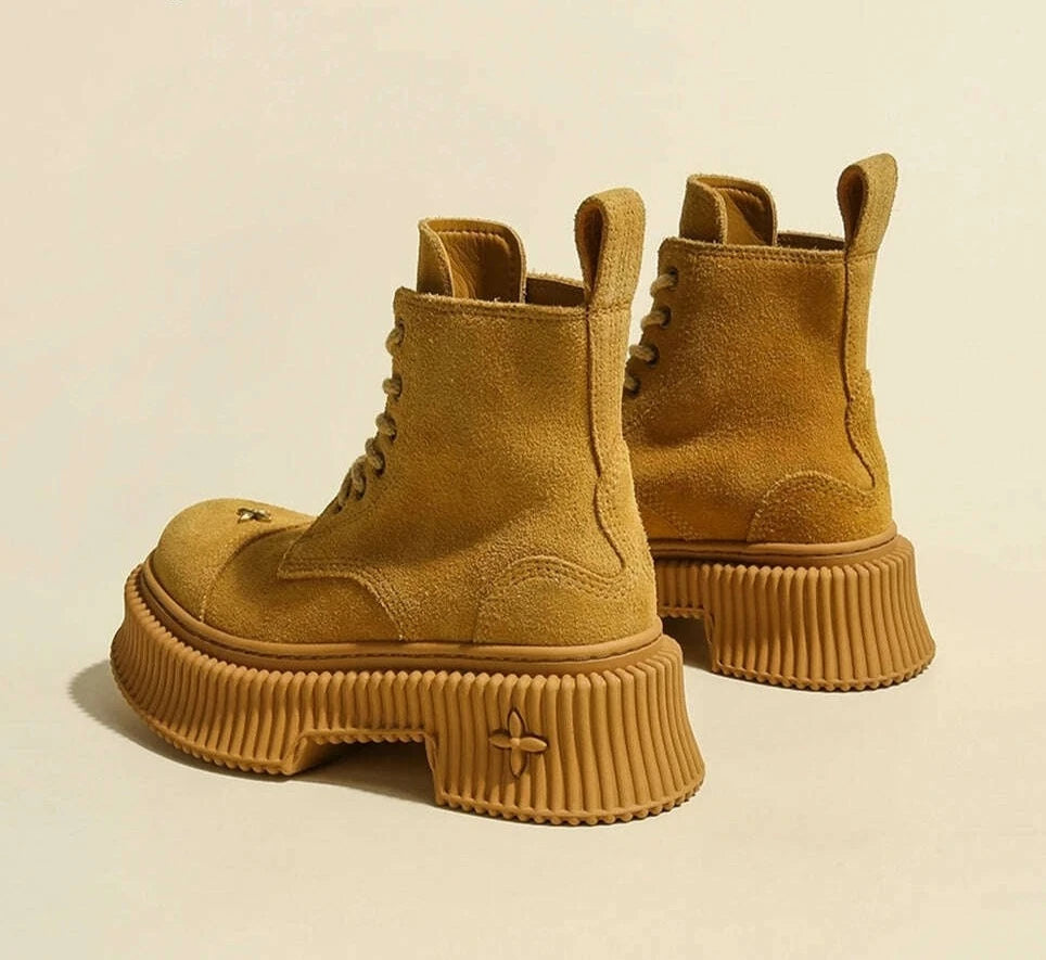 Retro Brown Genuine Leather Thick Bottom Short Boots Round Toe Christmas Wild Lace Up Women Shoes Sexy Cool Girl Style Shoes - KIMLUD
