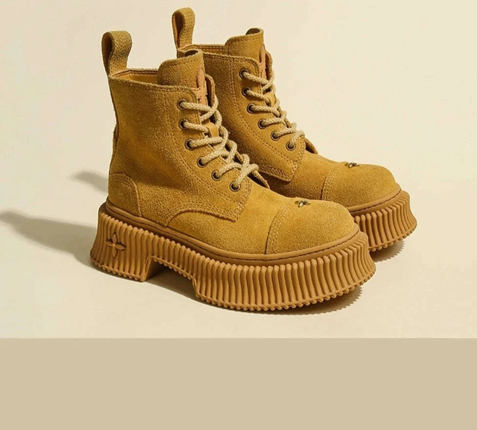 Retro Brown Genuine Leather Thick Bottom Short Boots Round Toe Christmas Wild Lace Up Women Shoes Sexy Cool Girl Style Shoes - KIMLUD