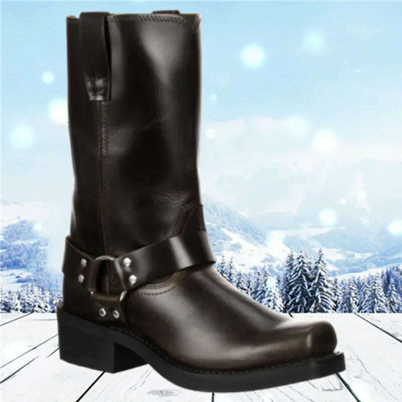 Retro Cowboy Boots Men Mid Calf Western Boots Men Pu Leather Boots Man Slip On Shoes Winter Knight Boots Booties Plus Size 39-48 - KIMLUD