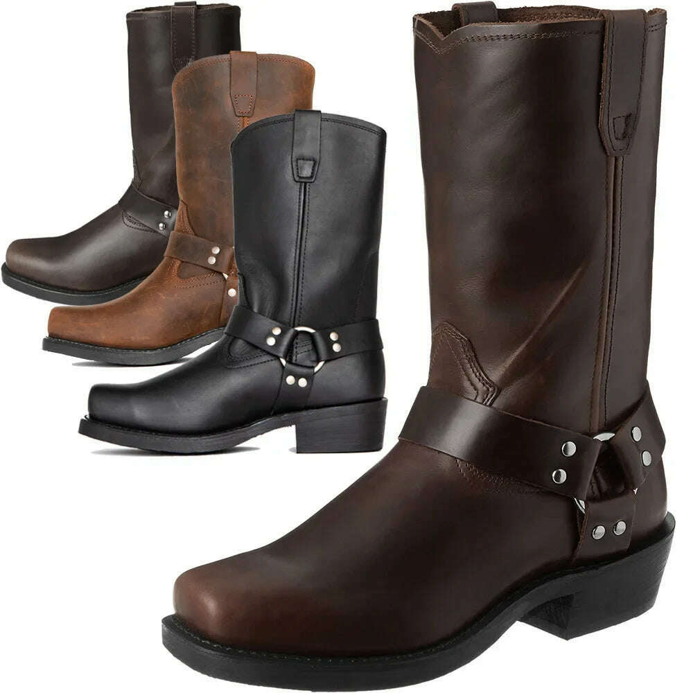 Retro Cowboy Boots Men Mid Calf Western Boots Men Pu Leather Boots Man Slip On Shoes Winter Knight Boots Booties Plus Size 39-48 - KIMLUD