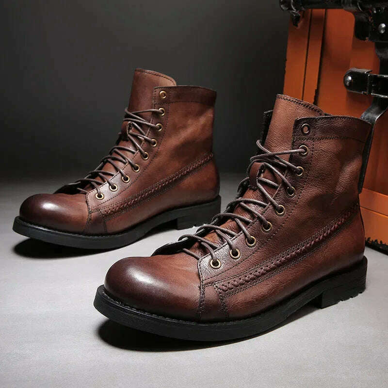 KIMLUD, Retro Men Boots Handmade Toe Polish Men Ankle Boots Casual Leather High-top Shoes Platform Motorcycle Booties New Bota Masculina, KIMLUD Womens Clothes